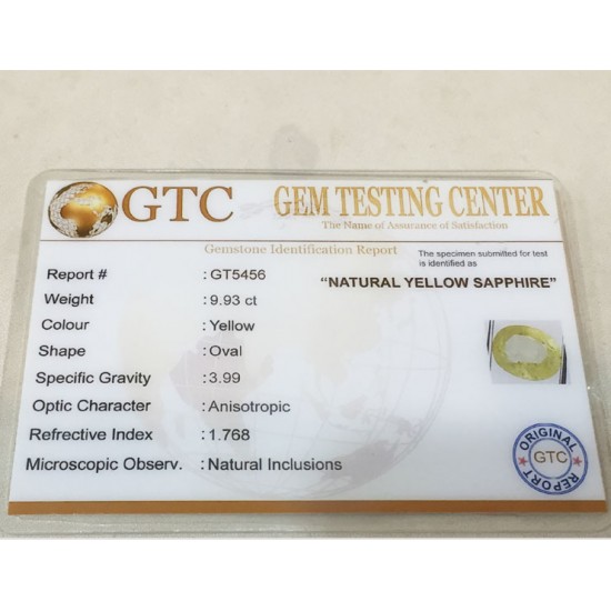 9.93 ct/11.00 ratti Natural Certified Ceylon Pukhraj/Yellow Sapphire