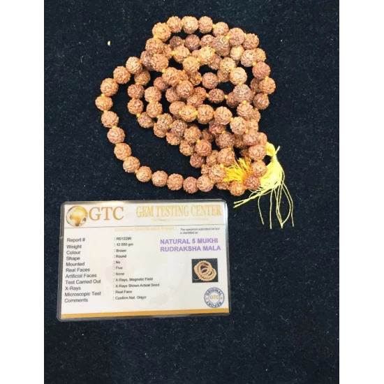 5 Mukhi Rudraksha Mala Lab Tested with Gomukhi Bag for Japa 