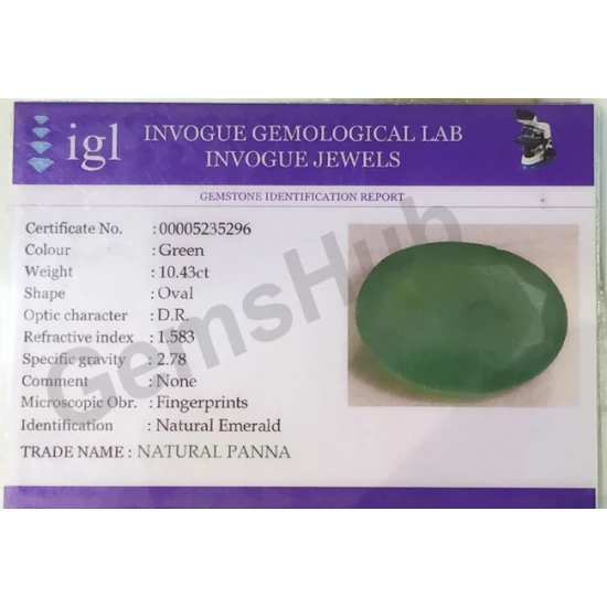 10.43 ct/11.60 ratti Natural Certified Zambian Panna (Emerald) 10.43 ct/11.60 ratti Natural Certified Zambian Panna (Emerald)