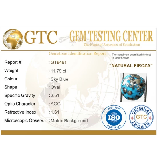 13.25 ratti (11.79 ct) Natural Certified Irani Feroza/Turquoise 