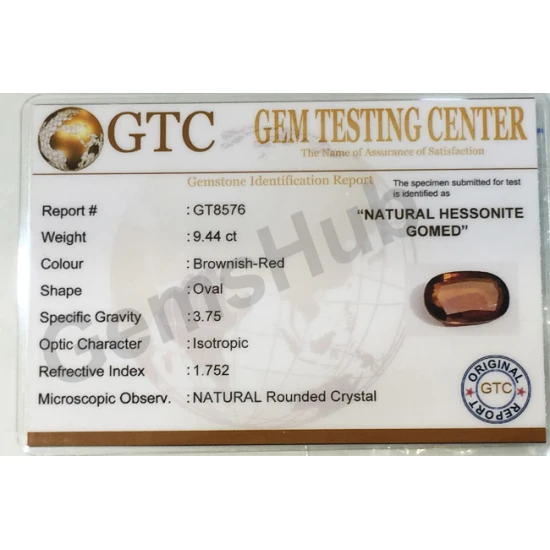 10.50 ratti (9.44 ct) Natural Hessonite Ceylon Gomed Certified 10.50 ratti (9.44 ct) Natural Hessonite Ceylon Gomed Certified