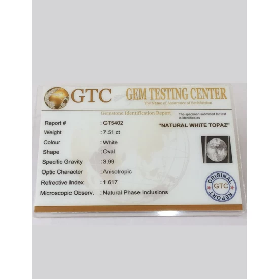8.34 Ratti (7.51 ct) Natural Certified White Topaz 8.34 Ratti (7.51 ct) Natural Certified White Topaz