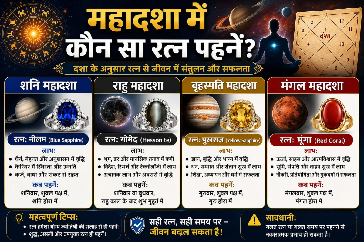महादशा में कौन सा रत्न पहनें? शनि, राहु, बृहस्पति, मंगल महादशा — complete guide