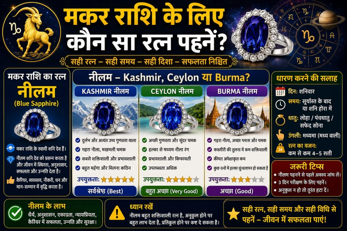 मकर राशि के लिए कौन सा रत्न पहनें? नीलम — Kashmir, Ceylon या Burma? पूरी जानकारी
