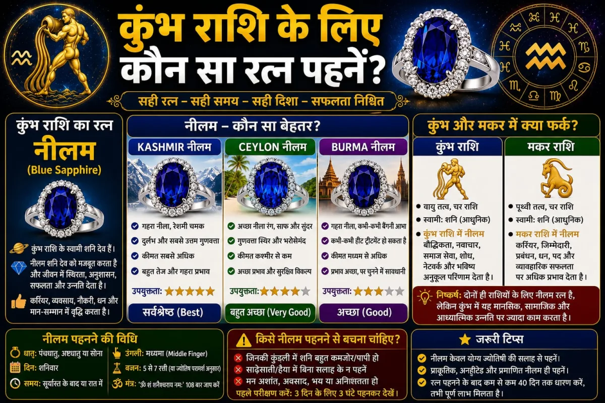 कुंभ राशि के लिए कौन सा रत्न पहनें? नीलम — मकर से क्या फर्क? पूरी जानकारी