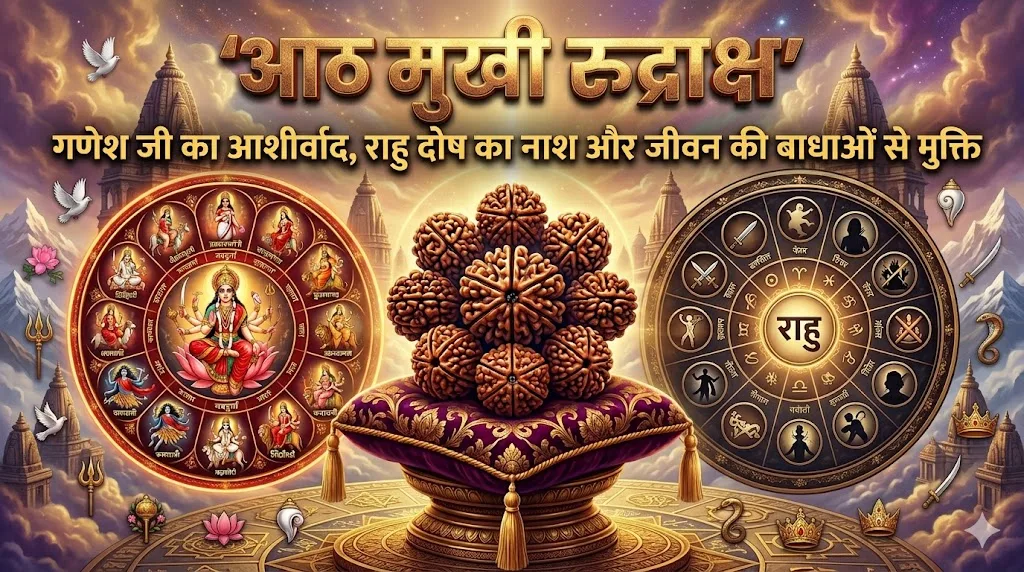 आठ मुखी रुद्राक्ष — गणेश जी का आशीर्वाद, राहु दोष का नाश और जीवन की बाधाओं से मुक्ति