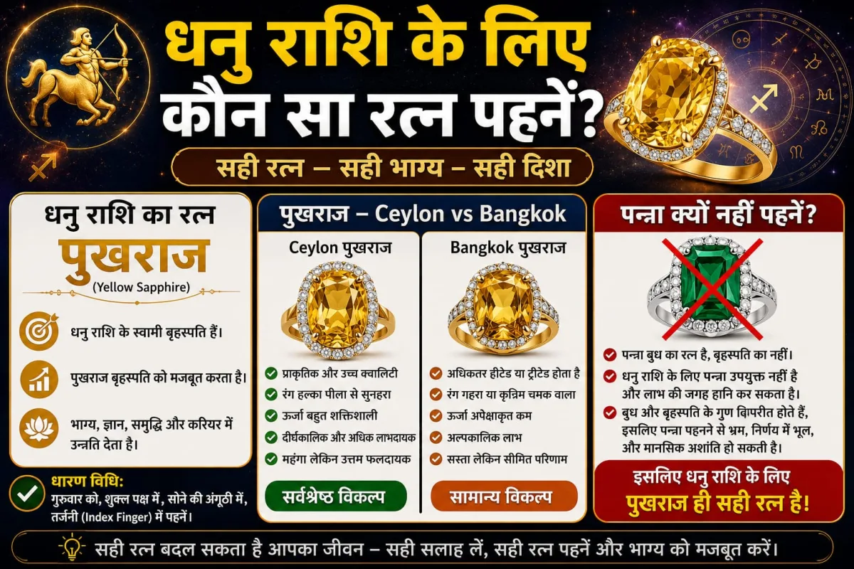 धनु राशि के लिए कौन सा रत्न पहनें? पुखराज — Ceylon vs Bangkok, पन्ना क्यों नहीं — पूरी जानकारी