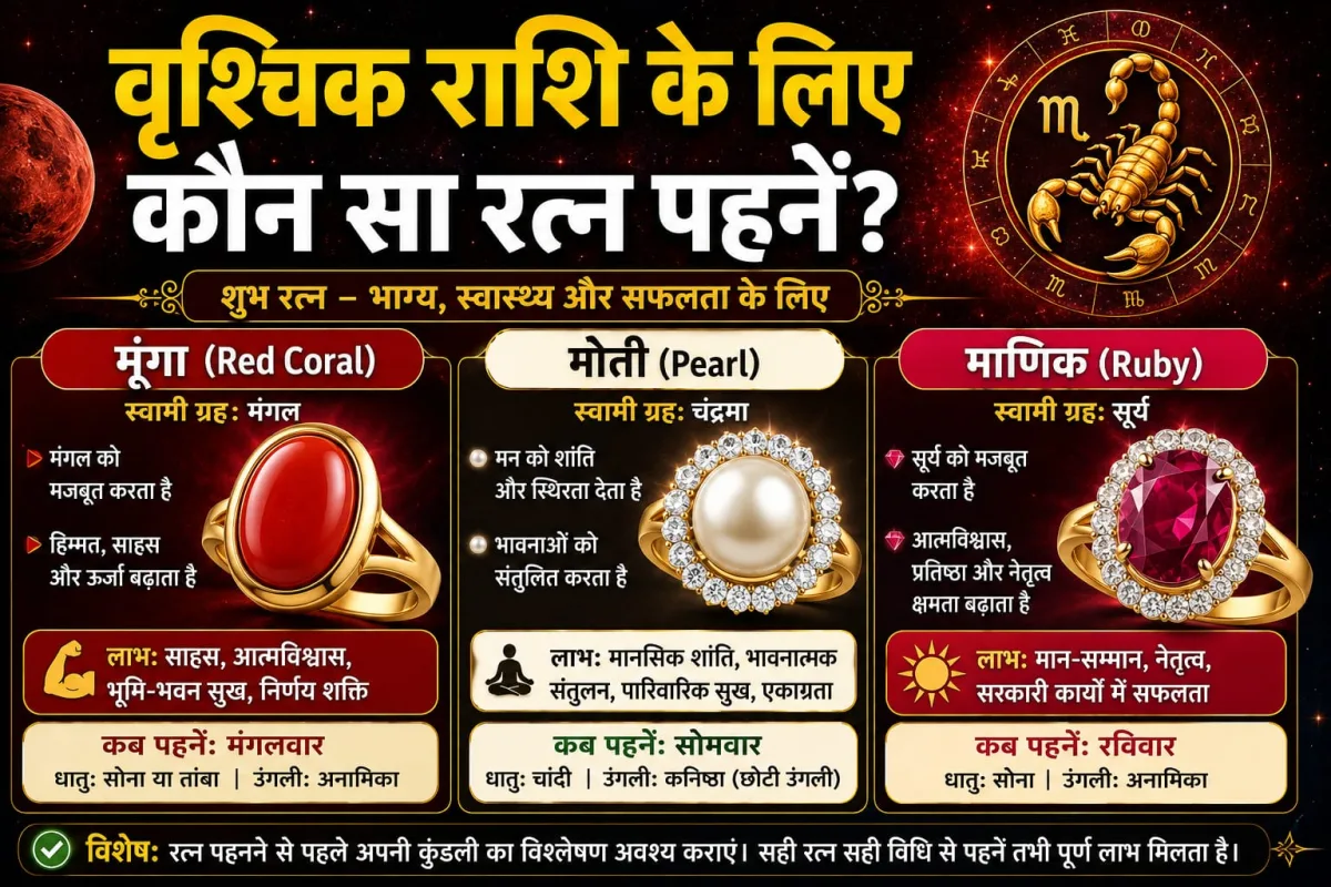 वृश्चिक राशि के लिए कौन सा रत्न पहनें? मूंगा, मोती और माणिक — पूरी जानकारी