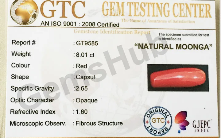 8.90 Ratti (8.01 ct) Natural Certified Red Coral (Moonga)