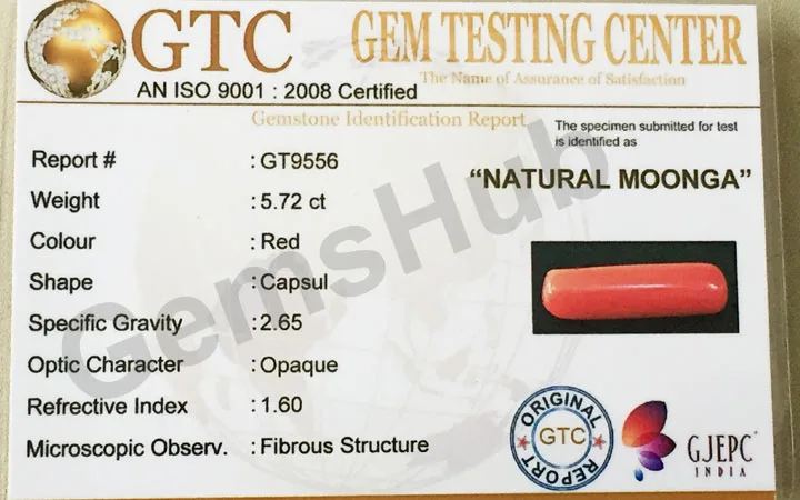 6.35 Ratti (5.72 Ct) Natural Certified Moonga Coral
