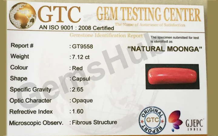7.92 Ratti (7.12 ct) Natural Certified Moonga/Coral