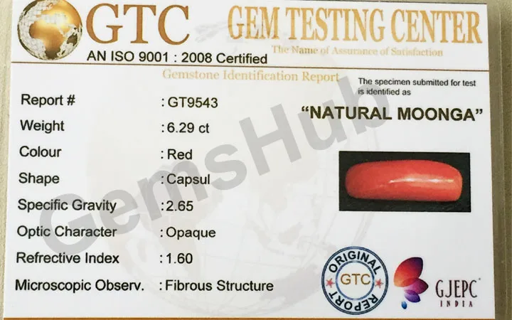7.00 Ratti (6.29 ct) Natural Certified Moonga/Coral