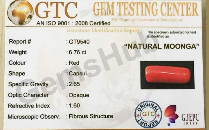 7.50 Ratti (6.76 ct) Natural Certified Moonga/Coral