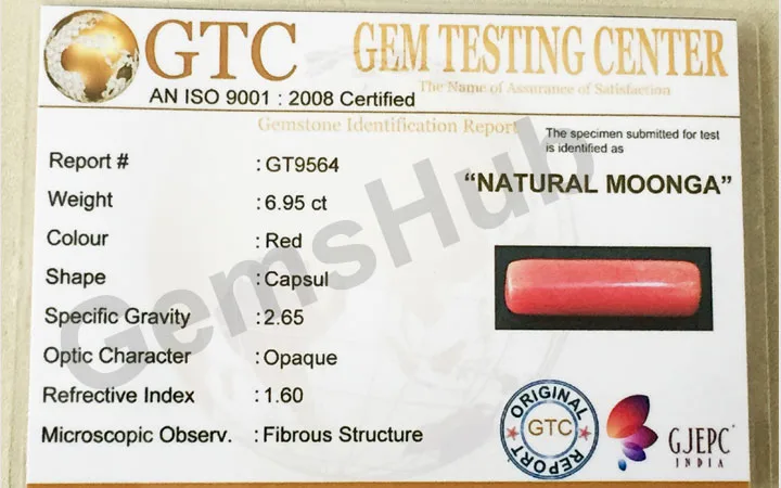 7.60 Ratti (6.95 ct) Natural Certified Moonga/Coral