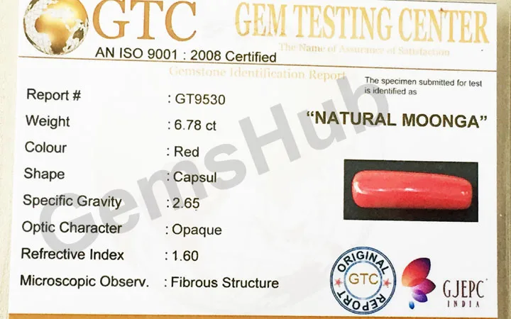 7.50 Ratti (6.78 ct) Natural Certified Moonga/Coral
