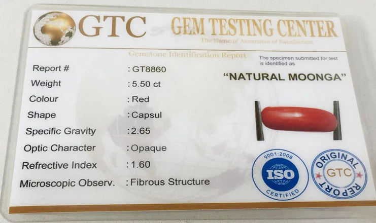 6.25 Ratti (5.50 ct) Natural Certified Moonga/Coral