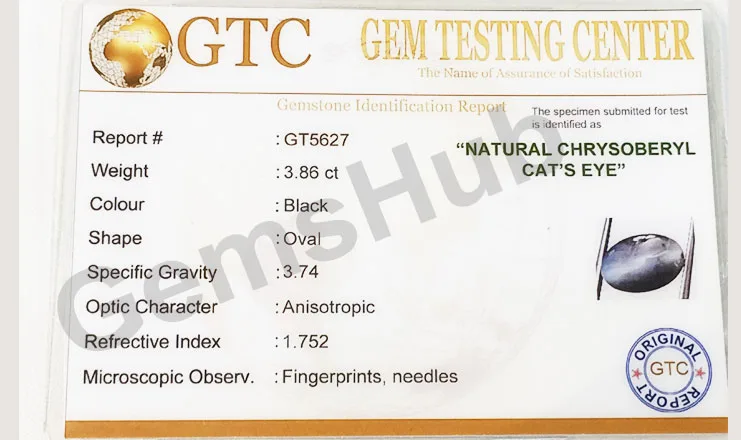 4.28 Ratti (3.86 Ct) Natural Black Chrysoberyl Cat's Eye (Lehsunia) | Certified Gemstone