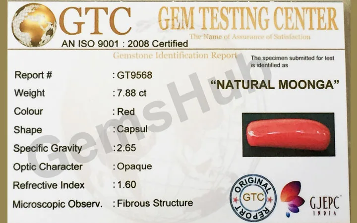 8.60 Ratti (7.88 ct) Natural Certified Moonga/Coral