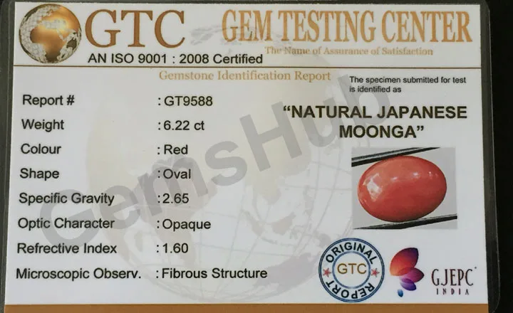 6.22 ct Natural Certified Japanese Red Coral (Moonga)