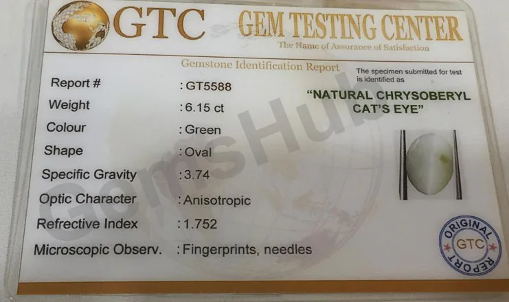 6.85 Ratti (6.15 Ct) Natural Chrysoberyl Cat's Eye (Lehsunia) | Certified Gemstone