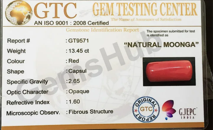 15.00 Ratti (13.45 Ct) Natural Certified Moonga Coral