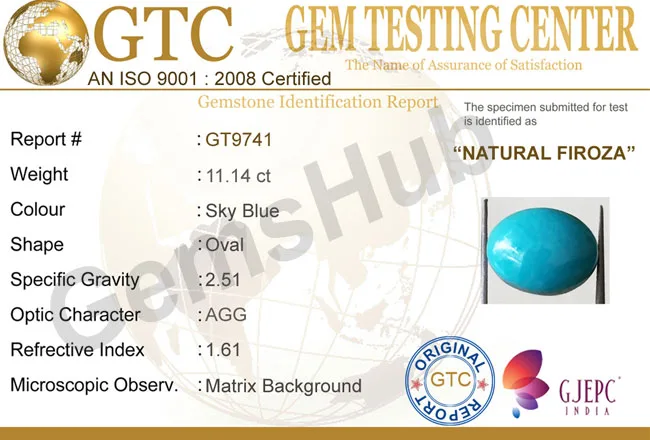 11.14 Ct Natural Turquoise (Firoza) Stone – Certified, Genuine & Astrologically Recommended | Gemshub