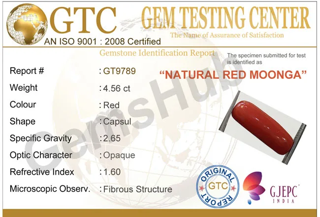 4.56 ct Natural Certified Red Coral (Moonga)