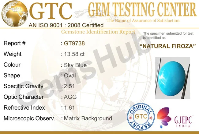 13.58 Ct Natural Turquoise (Firoza) Stone – Certified, Genuine & Astrologically Recommended | Gemshub