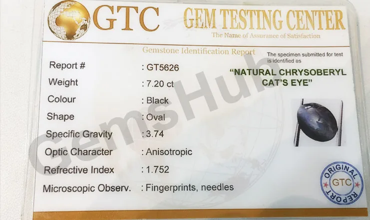 8.00 Ratti (7.20 Ct) Natural Black Chrysoberyl Cat's Eye (Lehsunia) | Certified Gemstone