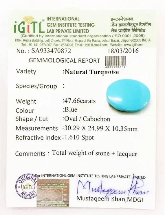 47.66 Ct Natural Firoza (Turquoise) | Certified Turquoise Gemstone