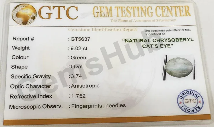 10.00 Ratti (9.02 Ct) Natural Chrysoberyl Cat's Eye (Lehsunia) | Certified Gemstone