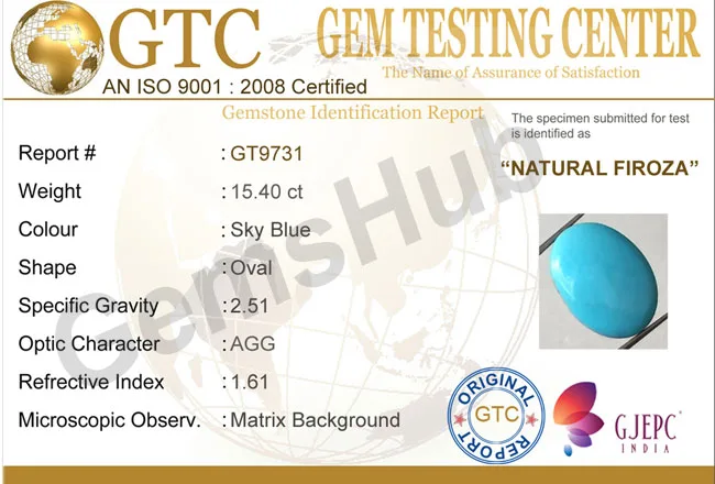 15.40 Ct Natural Turquoise (Firoza) Stone – Certified, Genuine & Astrologically Recommended | Gemshub
