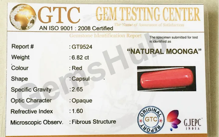 7.55 Ratti (6.82 ct) Natural Certified Moonga/Coral