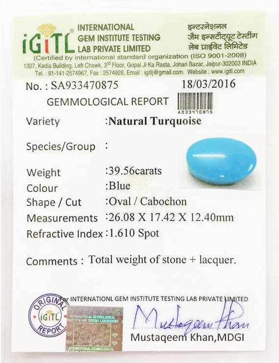 39.56 Ct Natural Firoza (Turquoise) | Certified Turquoise Gemstone