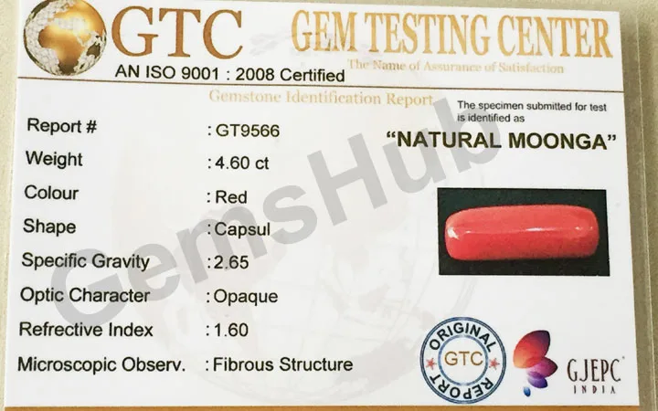 5.25 Ratti (4.60 ct) Natural Certified Red Coral (Moonga)