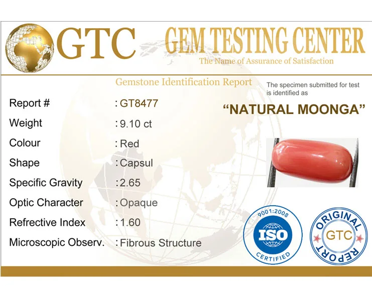 10.25 Ratti (9.10 Ct) Natural Certified Moonga Coral
