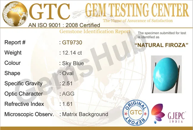 12.14 Ct Natural Turquoise (Firoza) Stone – Certified, Genuine & Astrologically Recommended | Gemshub
