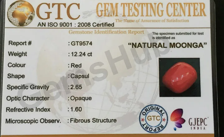 13.50 Ratti (12.24 ct) Natural Certified Moonga/Coral