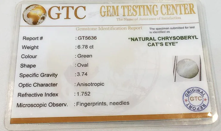 7.50 Ratti (6.78 Ct) Natural Chrysoberyl Cat's Eye (Lehsunia) | Certified Gemstone