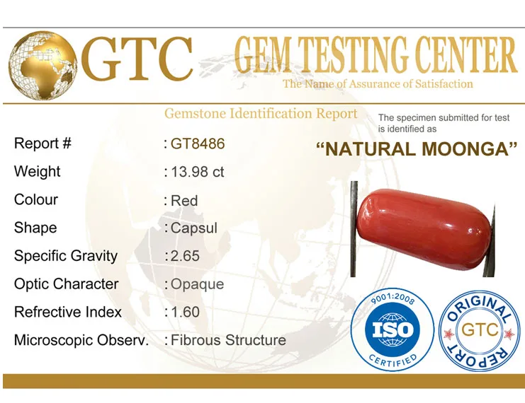 15.53 Ratti (13.98 ct) Natural Certified Moonga/Coral