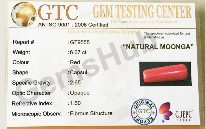7.40 Ratti (6.67 ct) Natural Certified Red Coral (Moonga)