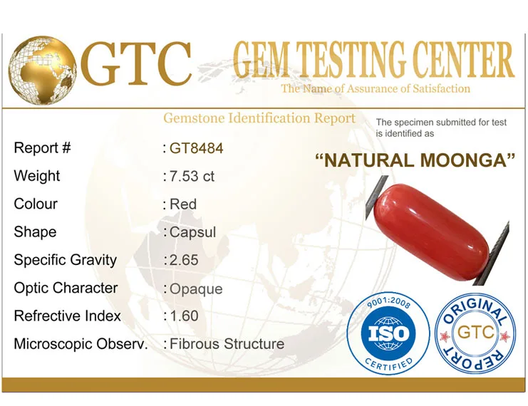 8.37 Ratti (7.53 ct) Natural Certified Moonga/Coral