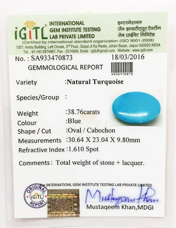 38.76 Ct Natural Firoza (Turquoise) | Certified Turquoise Gemstone