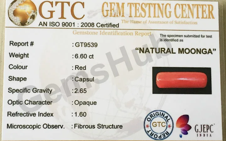 7.33 Ratti (6.60 ct) Natural Certified Moonga/Coral