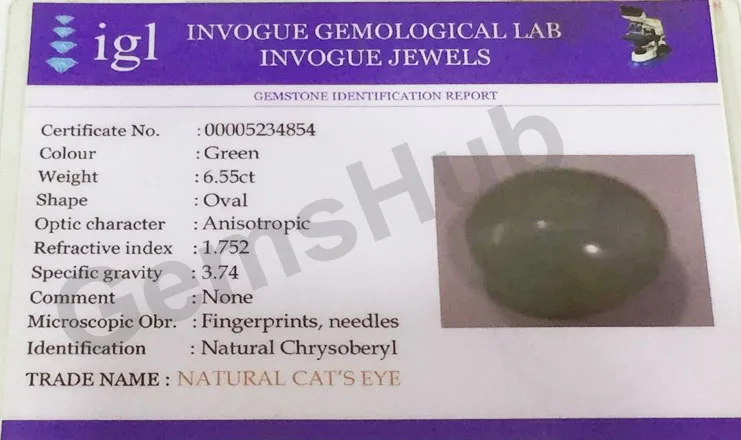 7.25 Ratti (6.55 Ct) Natural Chrysoberyl Cat's Eye (Lehsunia) | Certified Gemstone