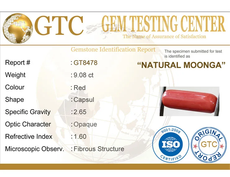 10.08 Ratti (9.08 ct) Natural Certified Moonga/Coral