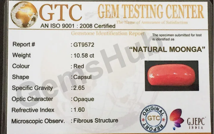 11.60 Ratti (10.58 ct) Natural Certified Red Coral (Moonga)