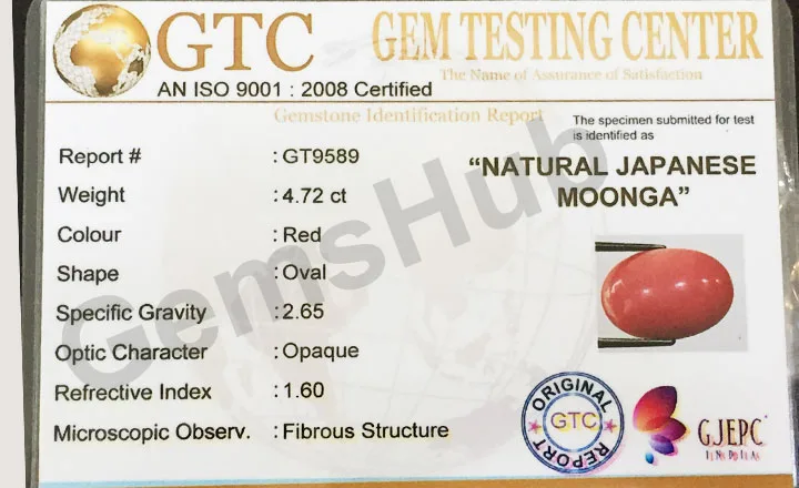 4.72 Ct Natural Japanese Moonga Coral – Certified Gemstone