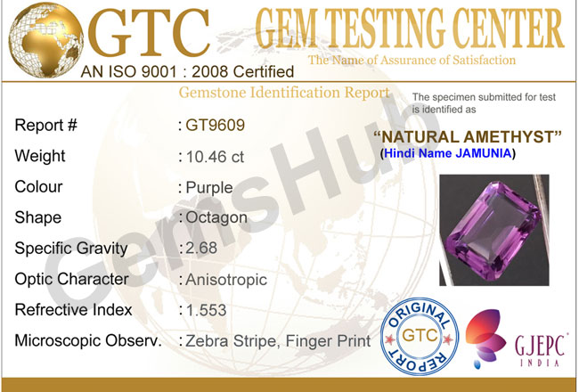 10.46 ct Natural Certified Amethyst (Jamunia) -Premium Quality