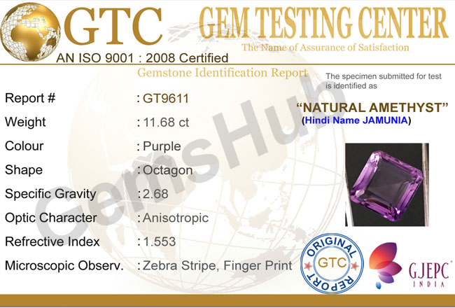 11.68 ct Natural Certified Amethyst (Jamunia) -Premium Quality